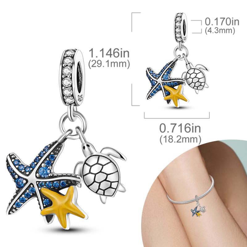 New Silver Plated Charms Beads Turtle Starfish Shell Sea Blue Summer Beads Fit Original Charms DIY Woman Jewelry Gift