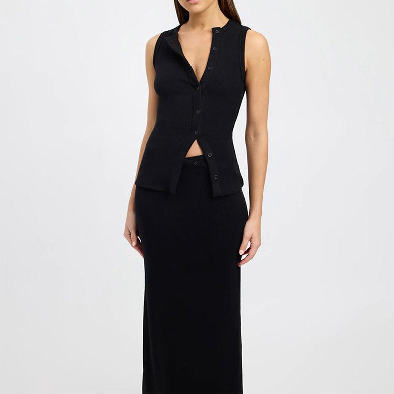 Elegant Maxi Skirt Two-piece Set Women's Sleeveless Knitted Deep O Neck Tops Slim Skirt Set 2025 Fashion Casual Skirt Sets