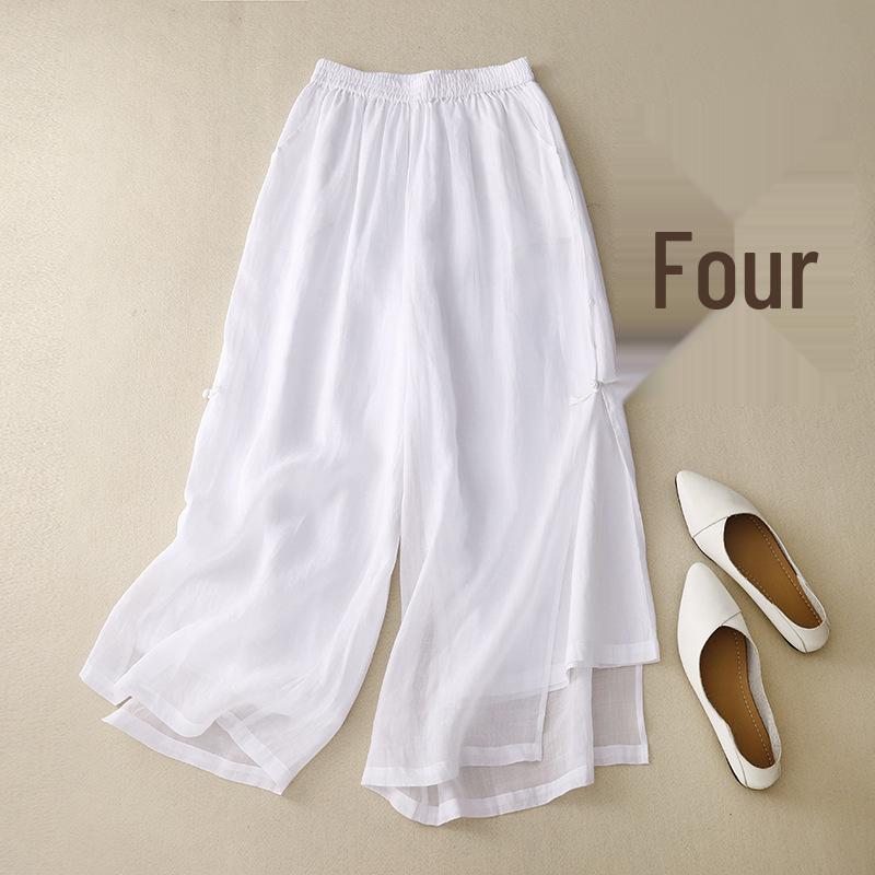 

2026 Summer Ramie Wide-Leg Culottes: Cool, Comfortable Casual Pants with Artistic Touch & Side Slits L белый