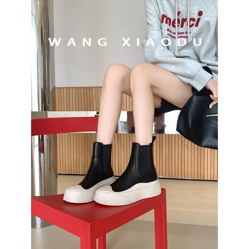 Cowhide~ Wang Xiaodou same leather Chelsea boots women's autumn and winter new Martin boots muffin platform sports short boots