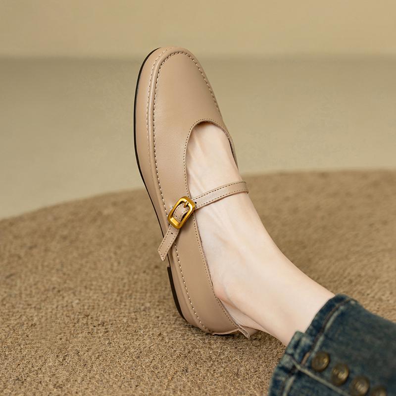 Fashion 2024 New Spring Women Flats Round Toe Low Heel Genuine Leather Women Shoes Buckle Strap Mary Janes Concise Ladies Shoes