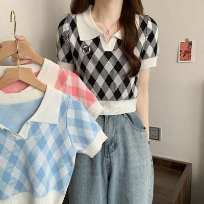 Polo Hals IJszijde Gebreide Korte Mouw T-shirt voor Dames Zomer Zoet en Pittig Hoge Taille Korte Top