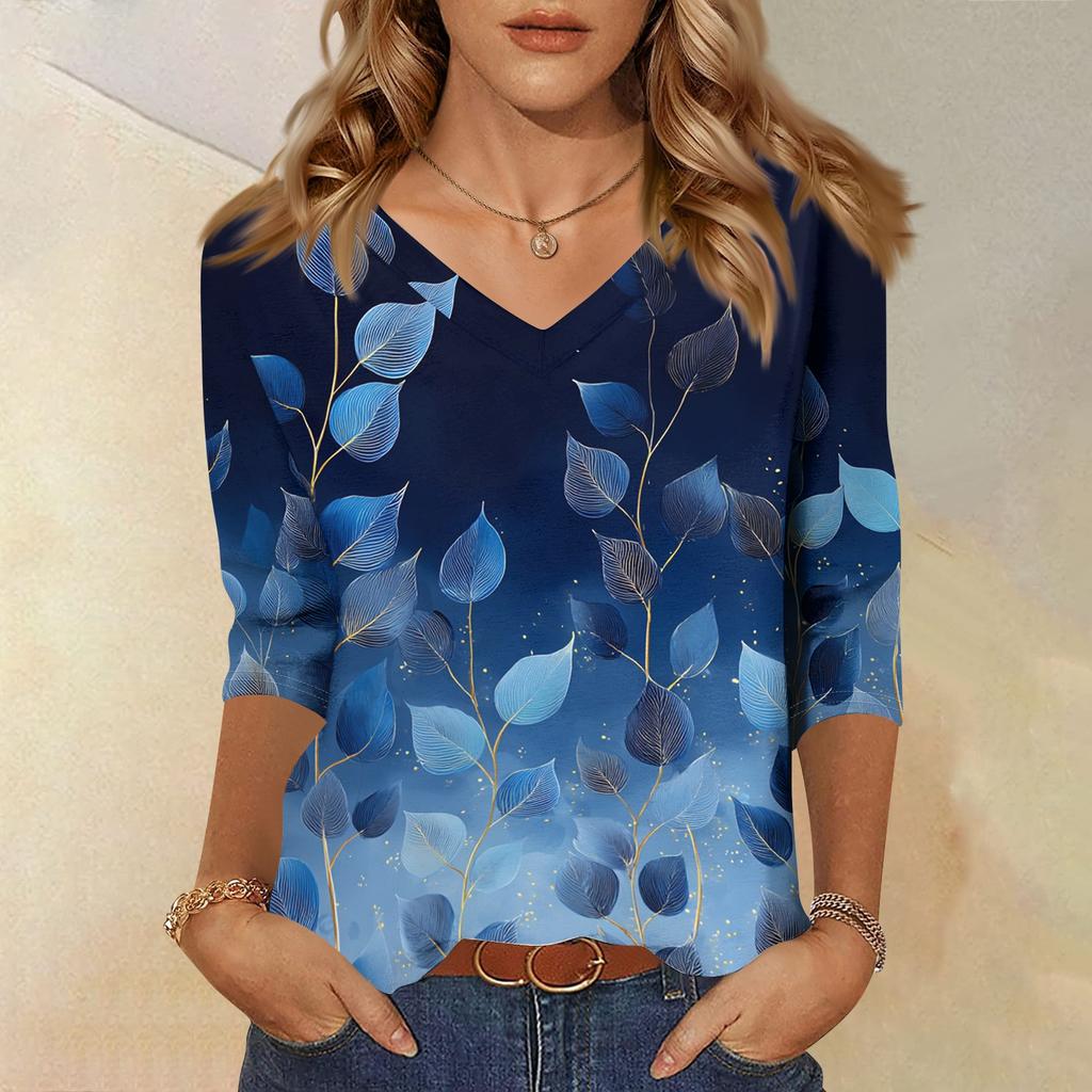 Womens V Neck Shirt 3/4 Sleeve Loose Fit Casual Blouse Floral Print Lightweight Top for Everyday Wear
