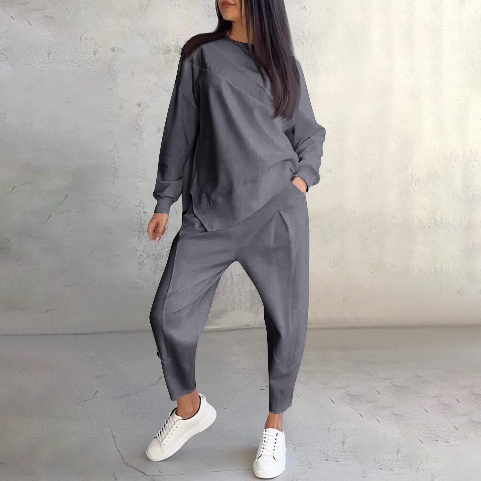 

Женская мода однотонный круглый вырез с длинными рукавами свободный асимметричный свитер комплект XXXXL