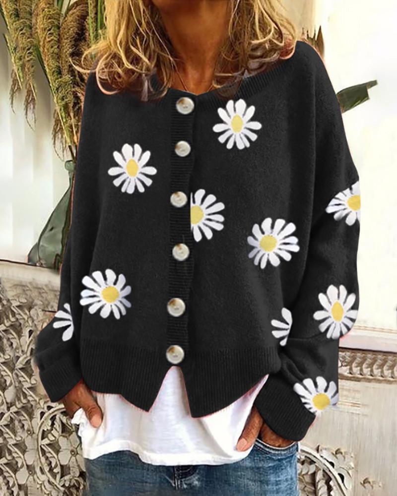 Autumn & Winter Chrysanthemum Embroidered Women's Knit Cardigan Sweater