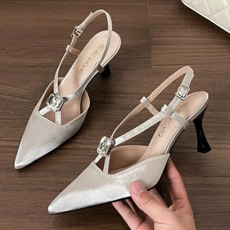 Fashion Elegant Rhinestone Narrow Band Pumps Women Sexy Pointed Toe Satin Slingback High Heeled Sandals Fashion Comfort Party Dress Shoe