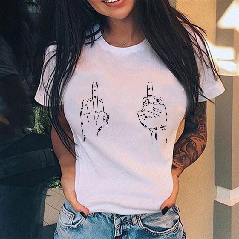 Summer Tshirt Women New Fashion Middle Finger Chest Graphic Printed Round Neck T Shirt Casual Simple Women Tee Tops Female
