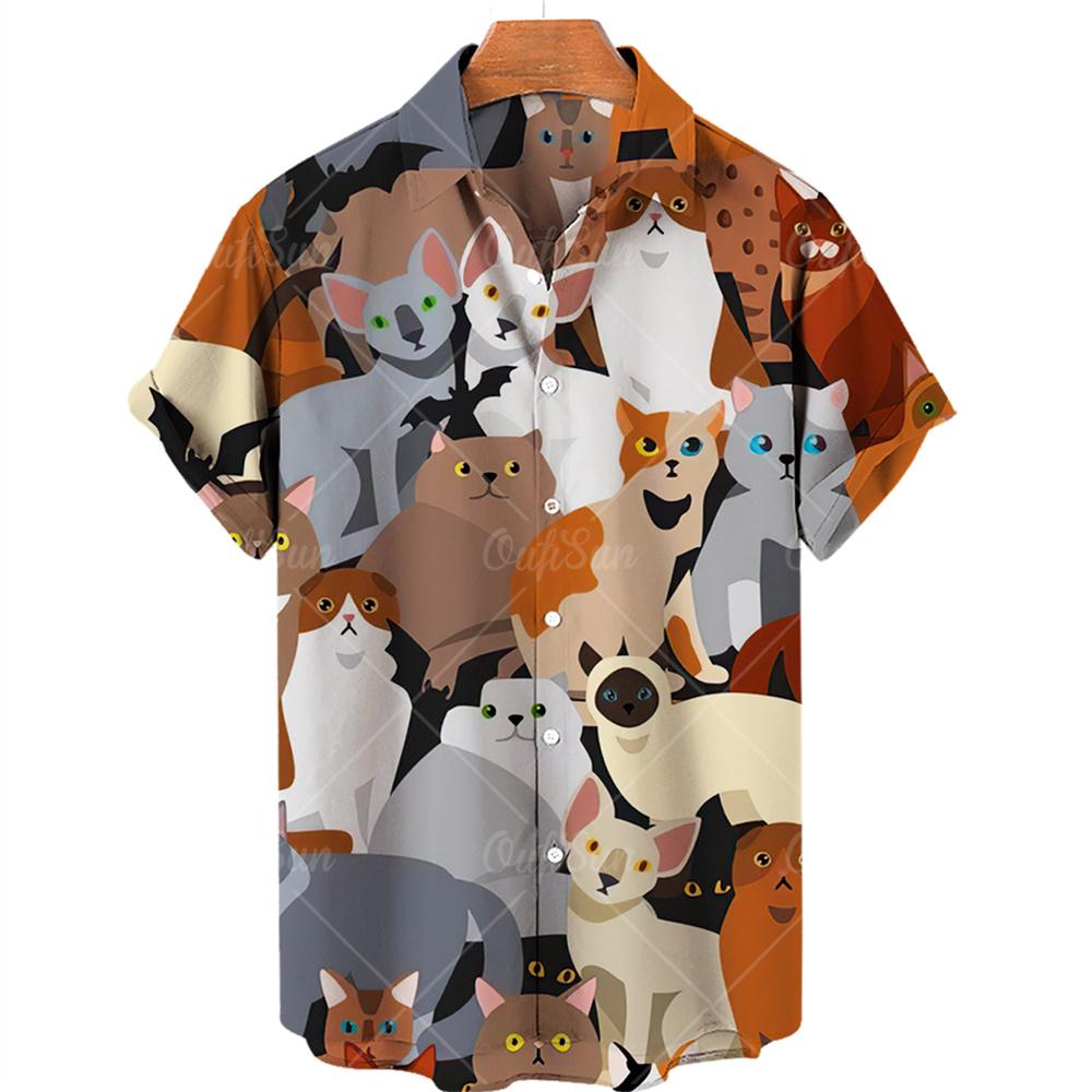 Men's Hawaiian Shirts 3D Cute Cat Print Short Sleeved Shirt Lapel Fashionable Casual Harajuku Cartoon New Clothing