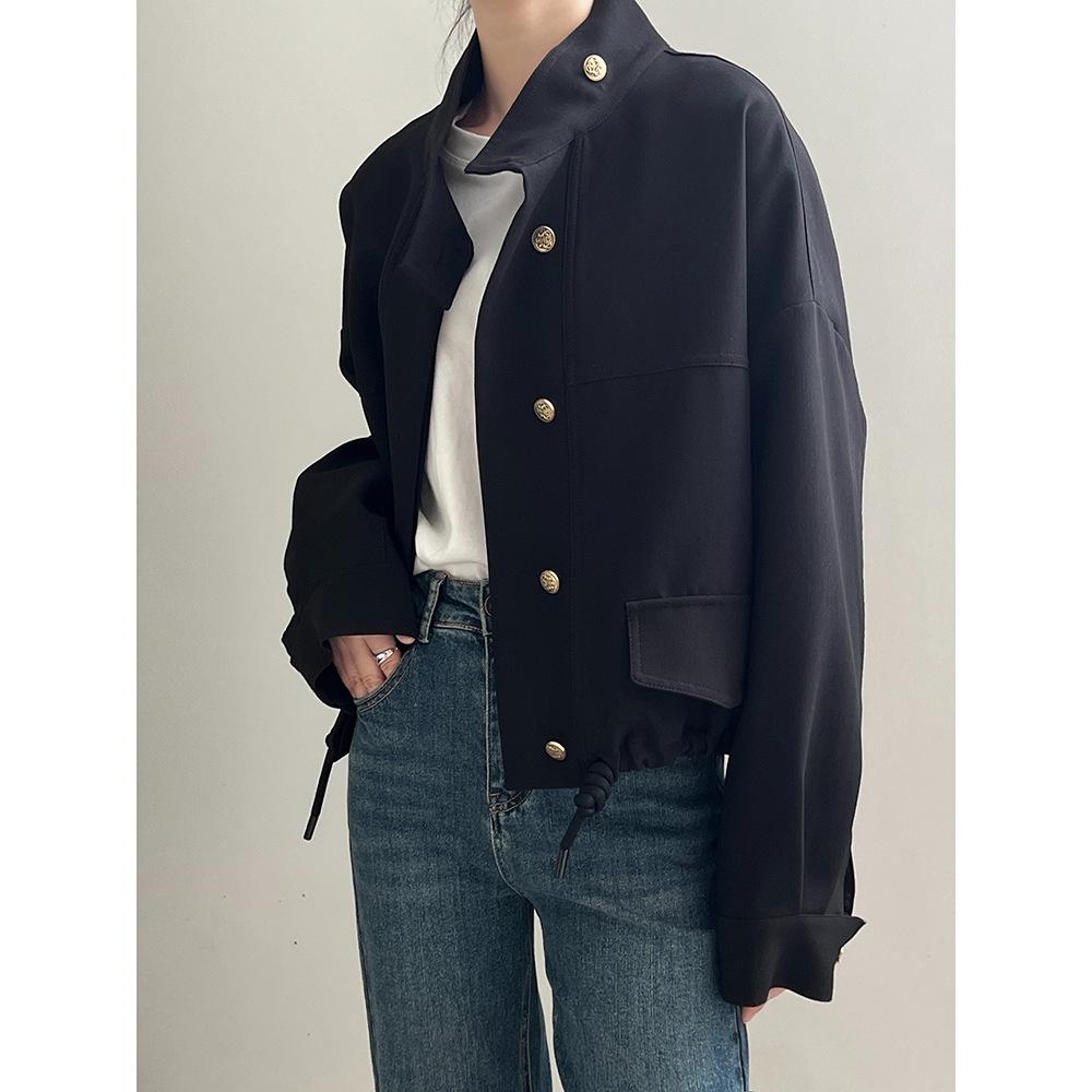 Korean Standing Collar Jacket Cardigan Women's Autumn New Loose Hem Drawstring Short Jacket