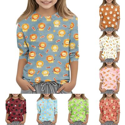 Kids Animal Print Crew Neck 3/4 Sleeve Casual T Shirt Soft Fabric Comfortable Fit Lightweight Design Suitable for Everyday Wear