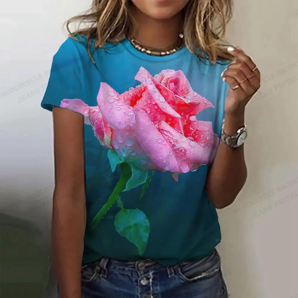 Summer Women's T-shirt Gold Rose 3D Printed T-shirt Women's Fashion T-shirt Round Neck Short Sleeve T-shirt Flower Top Tees Harajuku
