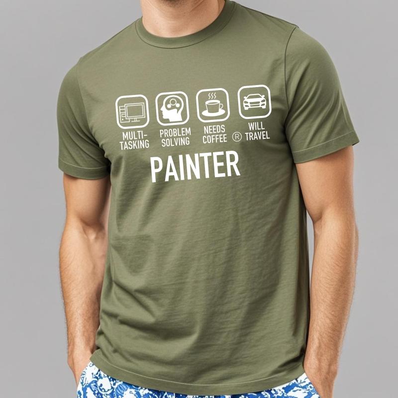Neu eingetroffen Für ihn Rundhals-T-Shirt Baumwolle Multitasking Problemlösung Braucht Kaffee Wird reisen Maler Alltags Damen Oberteil
