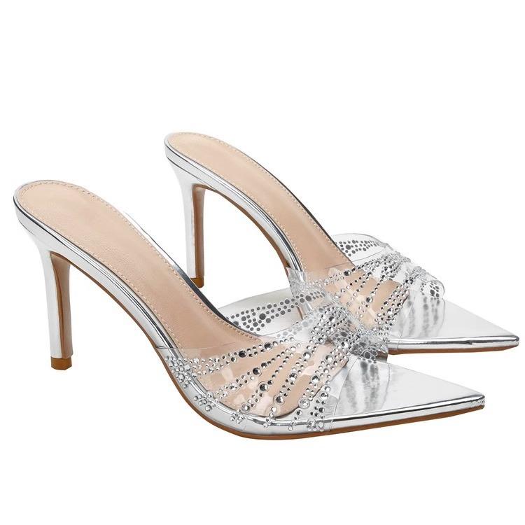 Summer Open-Toed Pointed Rhinestone Transparent Patent Leather One-Word Drag Female Sexy Outer Wear Stiletto High-Heeled Slippers