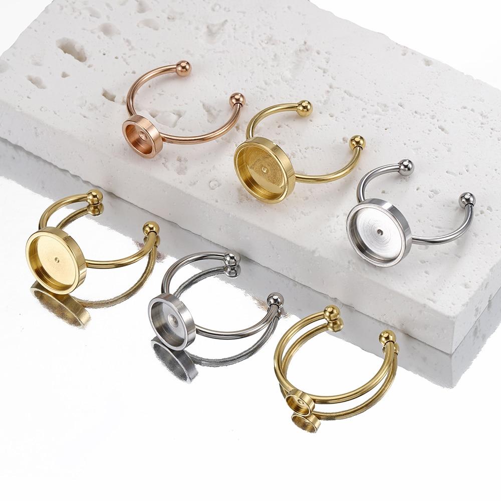No Fade 5pcs Stainless Steel Adjustable Open Ring Base Cabochon Cameo Blank Settings Glass Bezel Jewelry Making Accessories