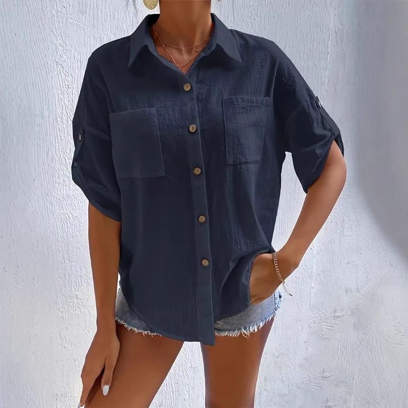 Women's Summer Cotton and Linen Shirt, Lapel Pockets, Loose Short-sleeved Solid Color Shirt Top