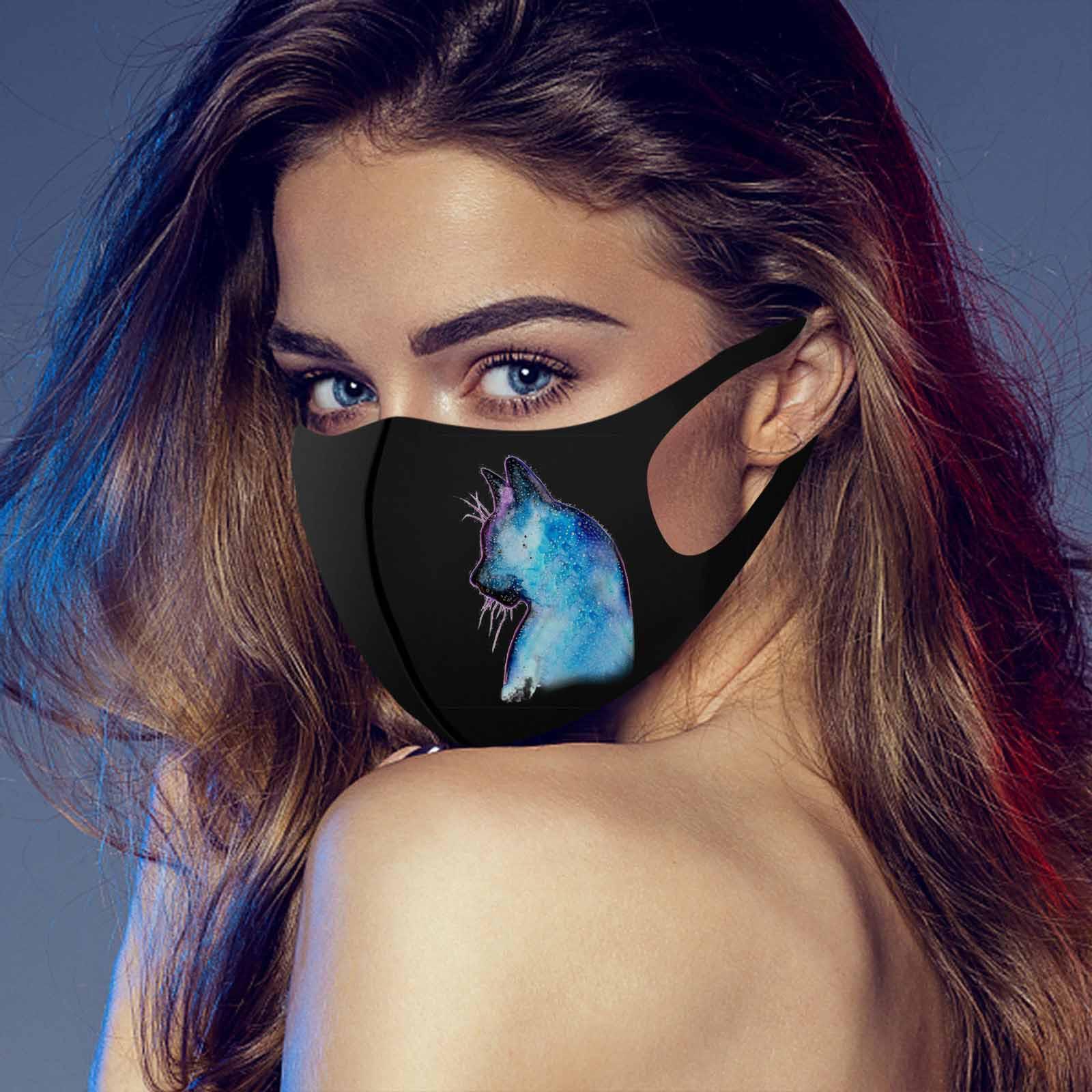 

1 шт. Маска для лица с принтом кошки для взрослых, моющаяся, с ушными петлями Free Size