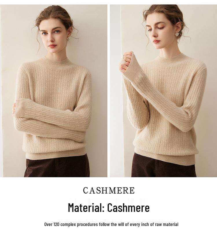 Women's Pure Cashmere Cable Knit Sweater - Autumn/Winter 2026, Half-High Neck, Loose, Slimming, Gentle Style.
