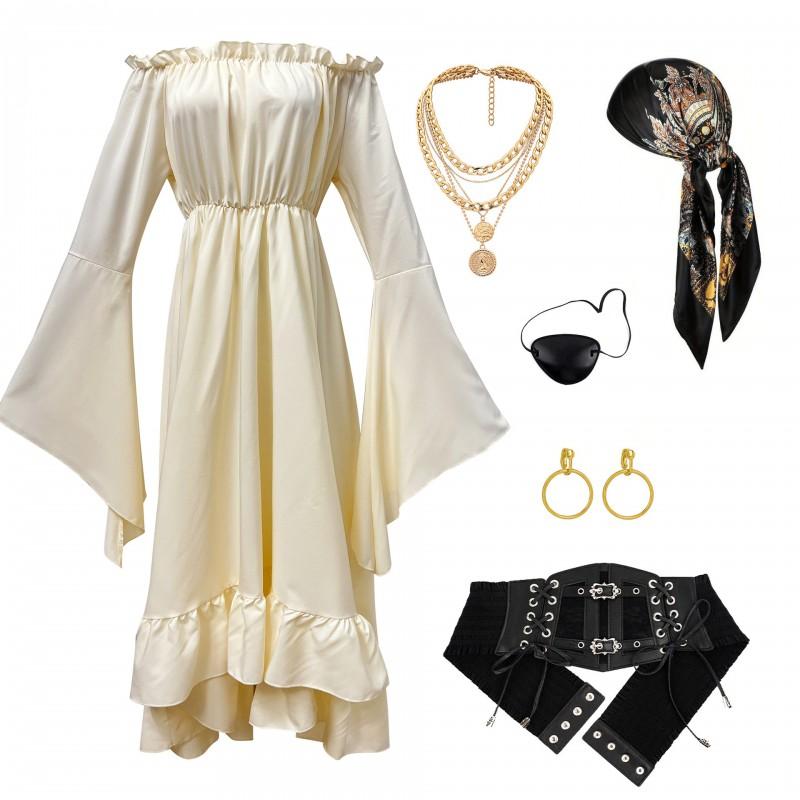 Halloween Pirate Costume Women Medieval Style Long Dress With Flared Sleeves Cosplay Outfit Stage Performance