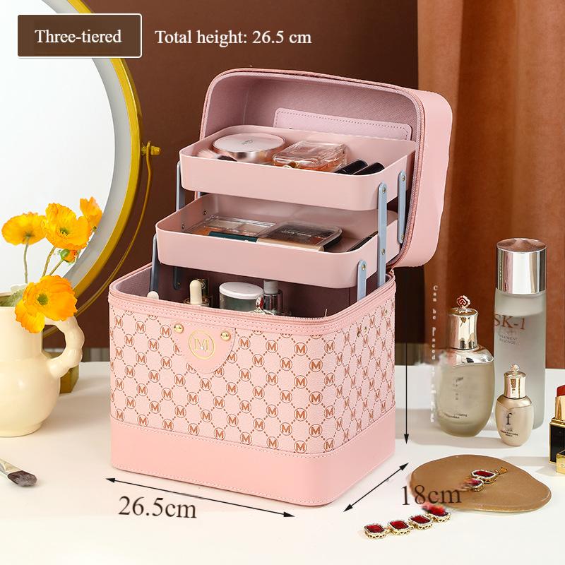 

Косметичка с большой емкостью для косметики и средств по уходу за кожей, коробка для хранения аксессуаров, женская портативная многофункциональная переносная коробка для инструментов 26.5x18x17cm розовый