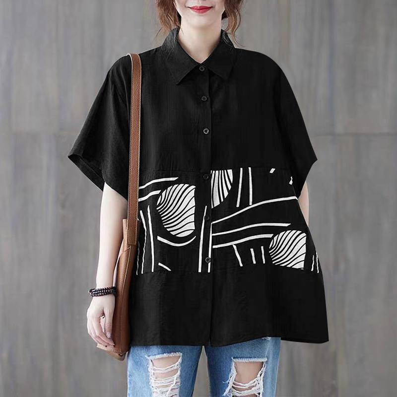 

ZANZEA Женская летняя блузка с отложным воротником и коротким рукавом с принтом XL чёрный