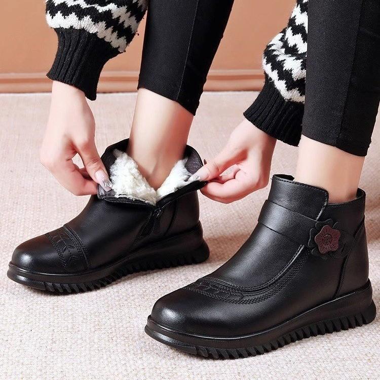 Women's Fur One Thick Bottom a Footstool Leather Waterproof Winter Lightweight Warm Snow Boots Non-slip Wear Casual Sneakers Cotton Boots