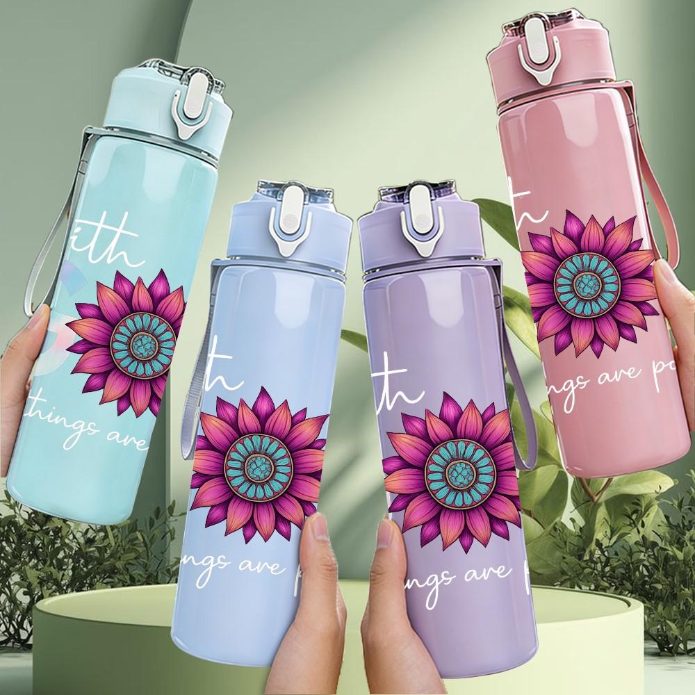 1PC God Flower Circle Pastel 750ml Color Plastic Sports Water Bottle Leakproof Flip Straw Lid Suitable for Sports Office Home Use