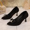 New Black Suede Pointed-Toe High Heels with Pearl Bow Stiletto Shallow Single Shoes, Women's Elegant Work Shoes Commuting