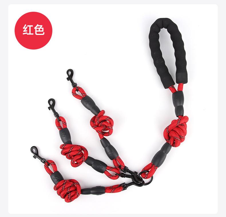 New dog leash medium and large dog, multi-functional one-to-three dog leash reflective pet leash in stock (red,For 3 dogs)