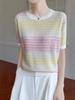 Women's Gradient Striped Tencel Lyocell Knit T-Shirt with Round Neck and Short Sleeves