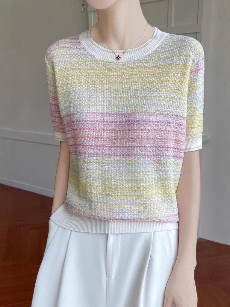 Women's Gradient Striped Tencel Lyocell Knit T-Shirt with Round Neck and Short Sleeves