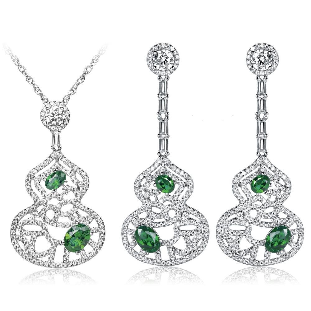 Women Jewelry Set Luxury Ruby Necklace Color Gem Earrings Hollow Carving Fu Lu Red Diamond Gourd Pendant Simulated Emerald