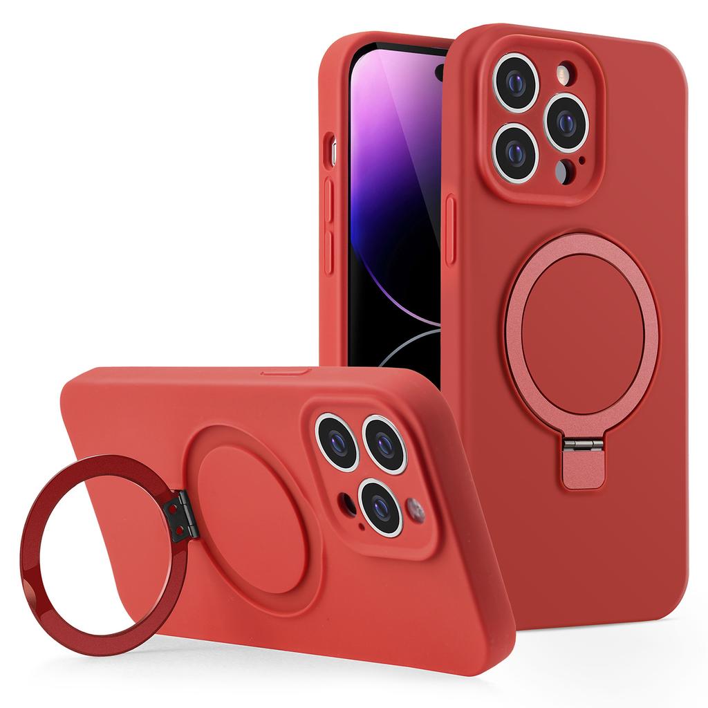 For iPhone 15 Pro Magnetic Case Liquid Silicone Phone Cover Built-In Kickstand Ring Holder