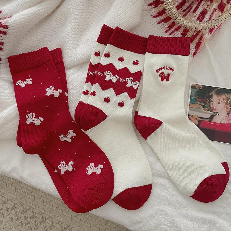 Year Of The Horse Red Socks Mid-Leg Socks Season Thickened Warm Embroidered Pony 26 New Year'S Stockings