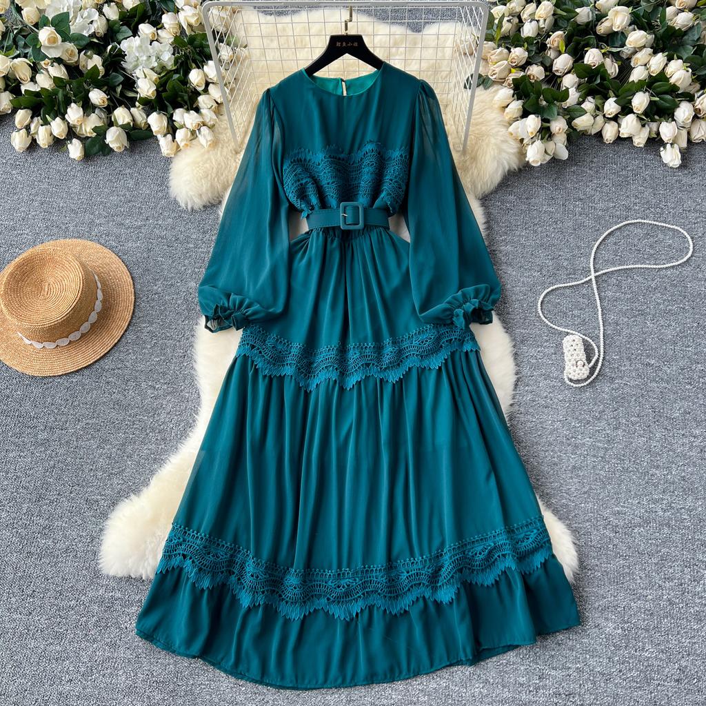 French O Neck Cut Out Lace PATCHWORK Lantern Sleeve Korean Fashion Dress Women's Summer Waist Sweet Dresses