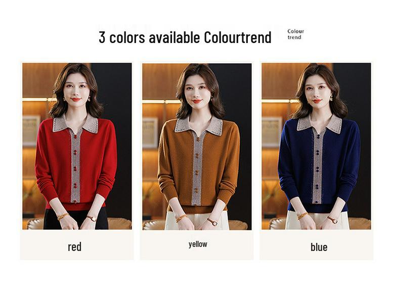 Women's Lapel Wool Sweater - Red, Warm, Stylish, Loose Fit for Middle-Aged & Elderly (Autumn/Winter Collection)