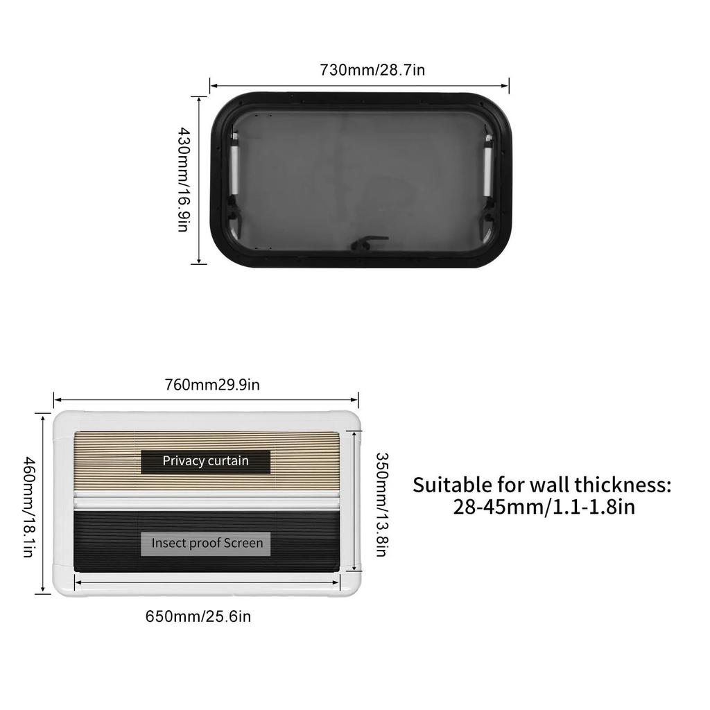 RV Window Acrylic Glass Stable Support Push Out  Window L700 H400mm Insect Proof with Screen Sunshade for Motorhomes Campers