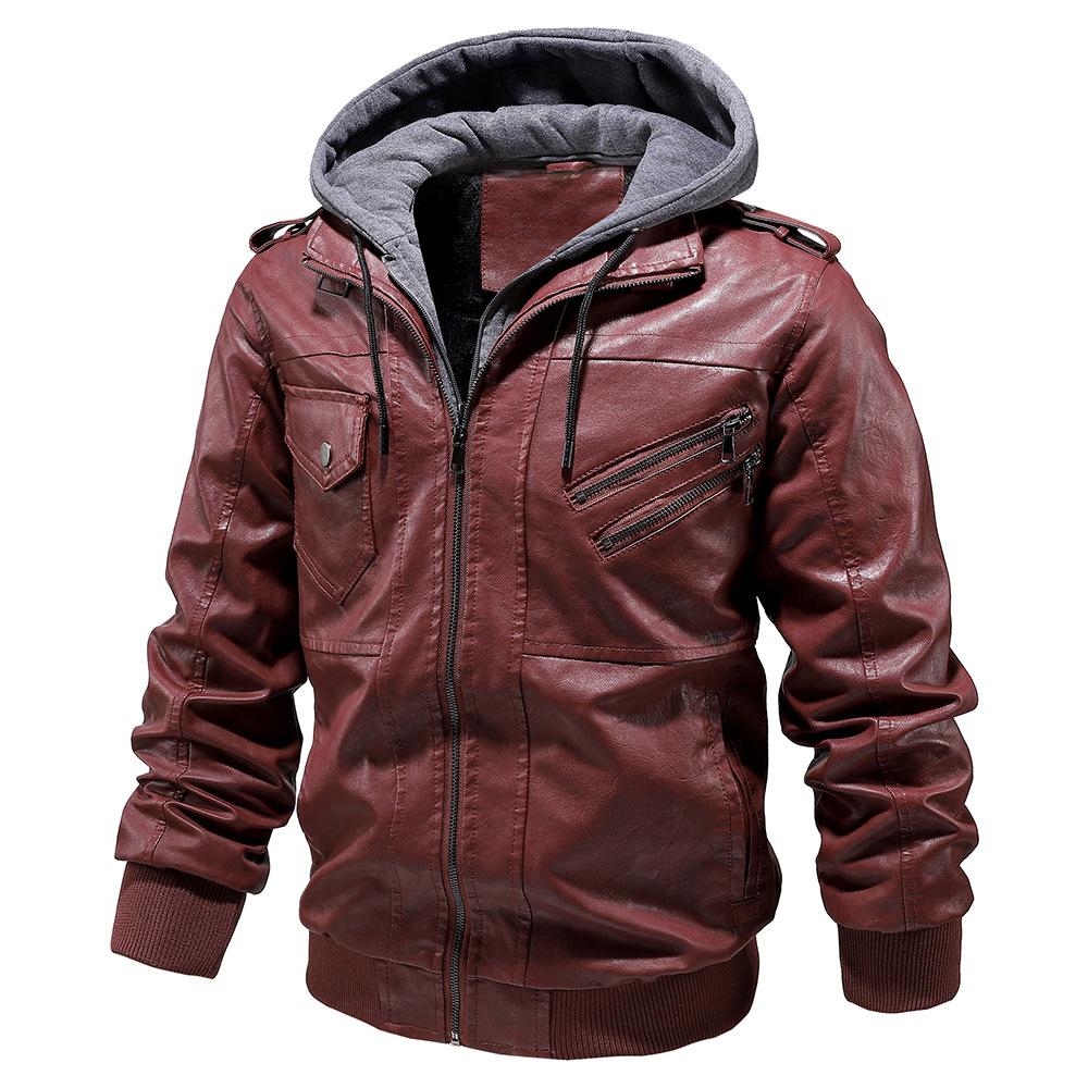 

Осенне-зимняя мужская куртка из искусственной кожи с капюшоном, большого размера, повседневная, универсальная кожаная куртка M красный