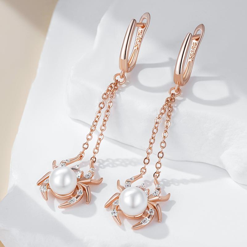 Spinnenperlen-Quasten-Hängeohrringe für Damen Mode Rosegold Farbmischung Mit Natürlichem Zirkon Punk-Schmuck