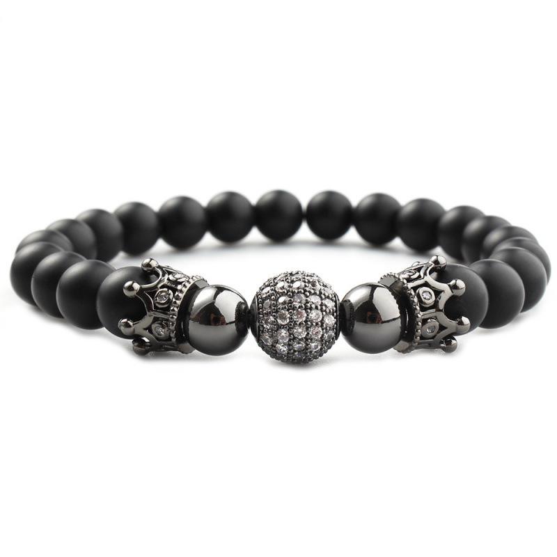 Micro-inlaid Copper Bead Crown Zirconia Bracelet with Frosted Prayer Beads 8mm
