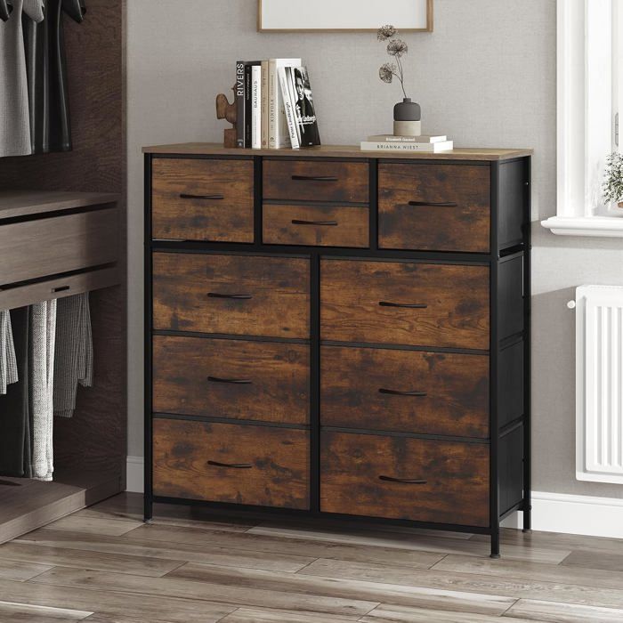WOLTU Commode, 10-Drawer Fabric Chest of Drawers, Metal Frame, Engineered Wood Top, Rustic Brown+Black W0ITT0114