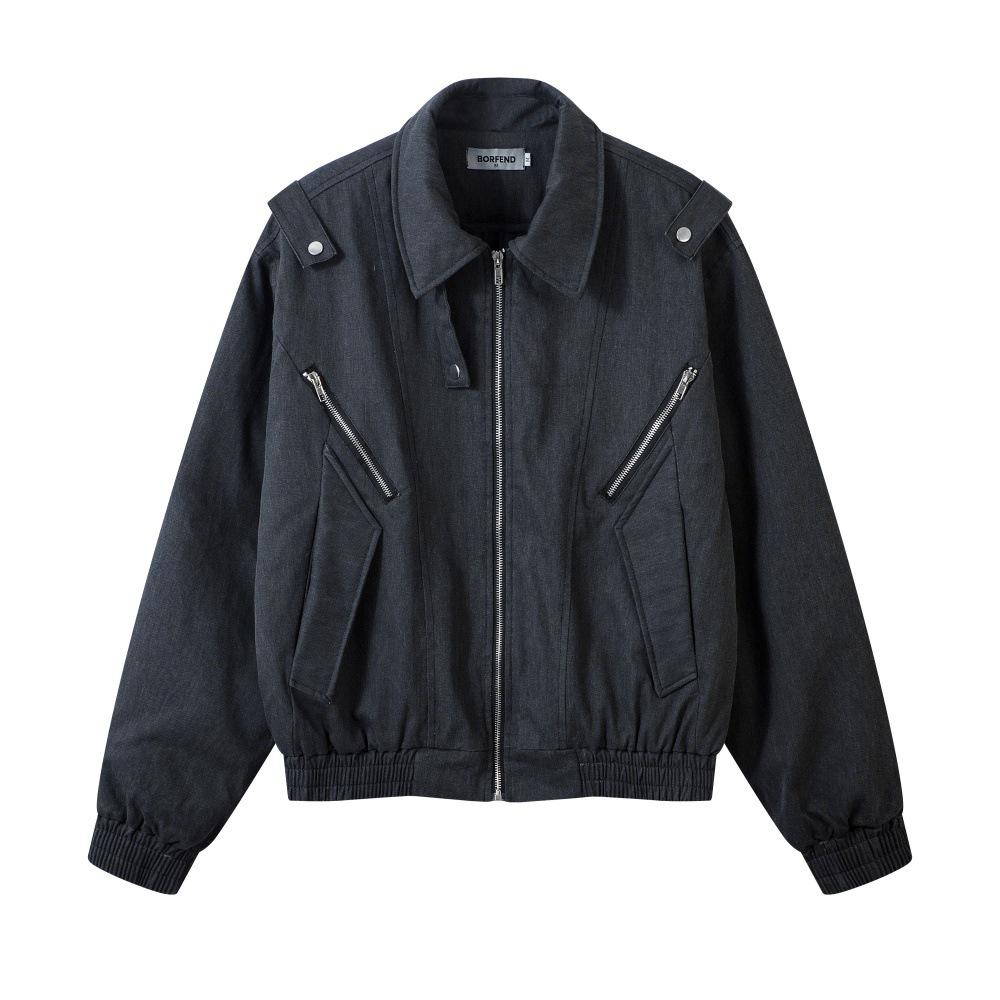 

Men s Washed Distressed Zipper Lapel Jacket - Autumn/Winter Loose Fit, Deconstructed Style with Zipper Accents. XL