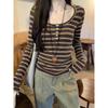 Women's Slim Fit Coffee Striped Cotton-Cashmere Long-Sleeve T-Shirt for Autumn/Winter