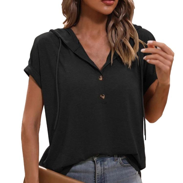 Women's Casual Loose Short Sleeve T Shirt Top Solid Color Hooded Button Drawstring Fashion