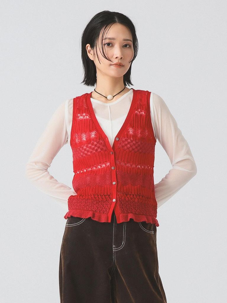 Ray Beams S/S Knit Vest, Striped Lace Knit Vest, Women's, Red, One Size