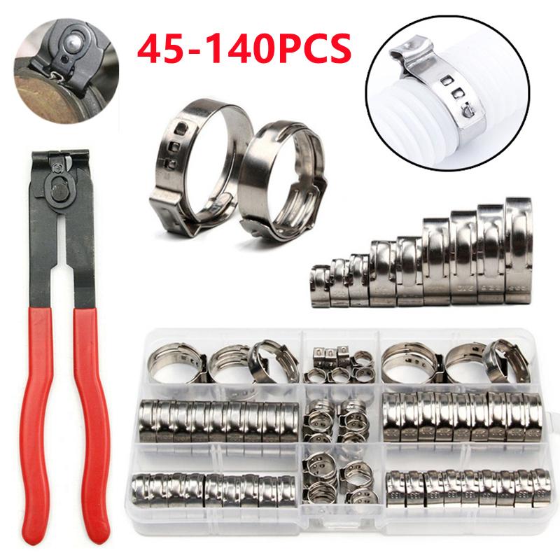 45/80/100/140pcs Pipe Clamp High Quality Stainless Steel 304 Single Ear Hose Clamps Assortment Kit Multiple Specifications 45pcs with plier