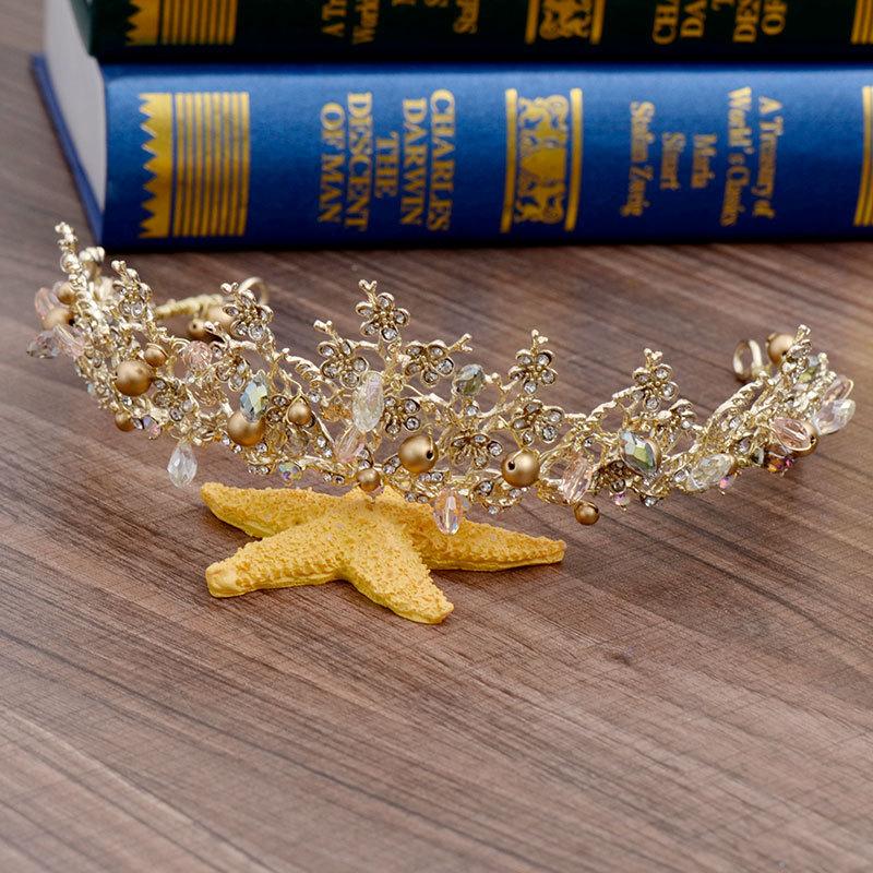 Magnificent Gold Color Crystal Beads Bridal Tiaras Crown Flowers Bride Headband Baroque Pageant Diadem Wedding Hair Accessories