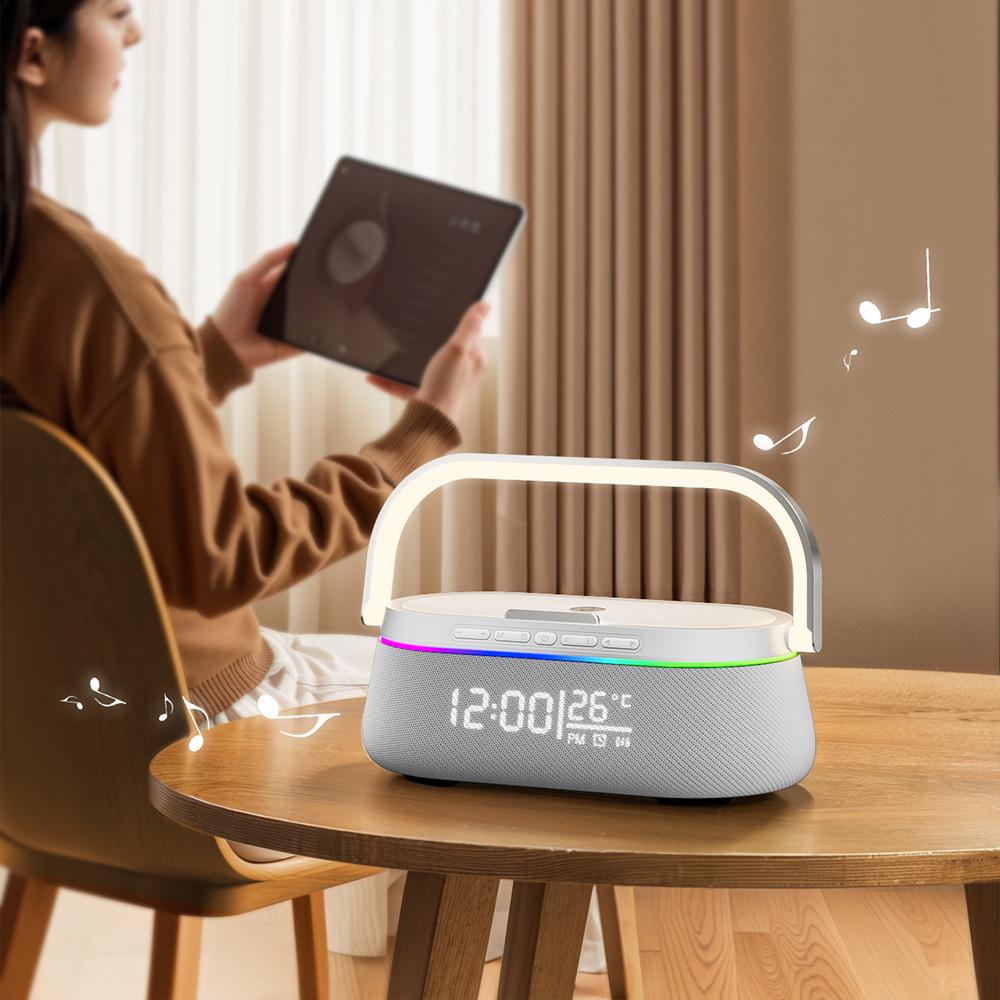 Multifunction Wireless Bluetooth Speaker with Charging, Desktop Clock, Alarm, Subwoofer, Night Light, and Stand