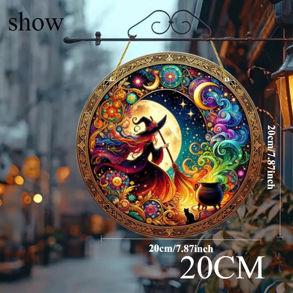 2D Flat Halloween Witch Print Art Window Hanging Dream Catcher, Acrylic Round Wreath Decoration, Indoor and Outdoor Porch Home Accessories