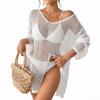 Women's Knitted Sweaters See Through Casual Loose Long Sleeve Tops Summer Lady Sexy Hollow Out Mesh Pullover Beach Smock T-shirt