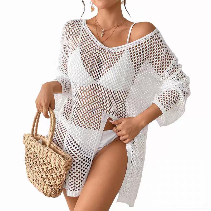 Women's Knitted Sweaters See Through Casual Loose Long Sleeve Tops Summer Lady Sexy Hollow Out Mesh Pullover Beach Smock T-shirt